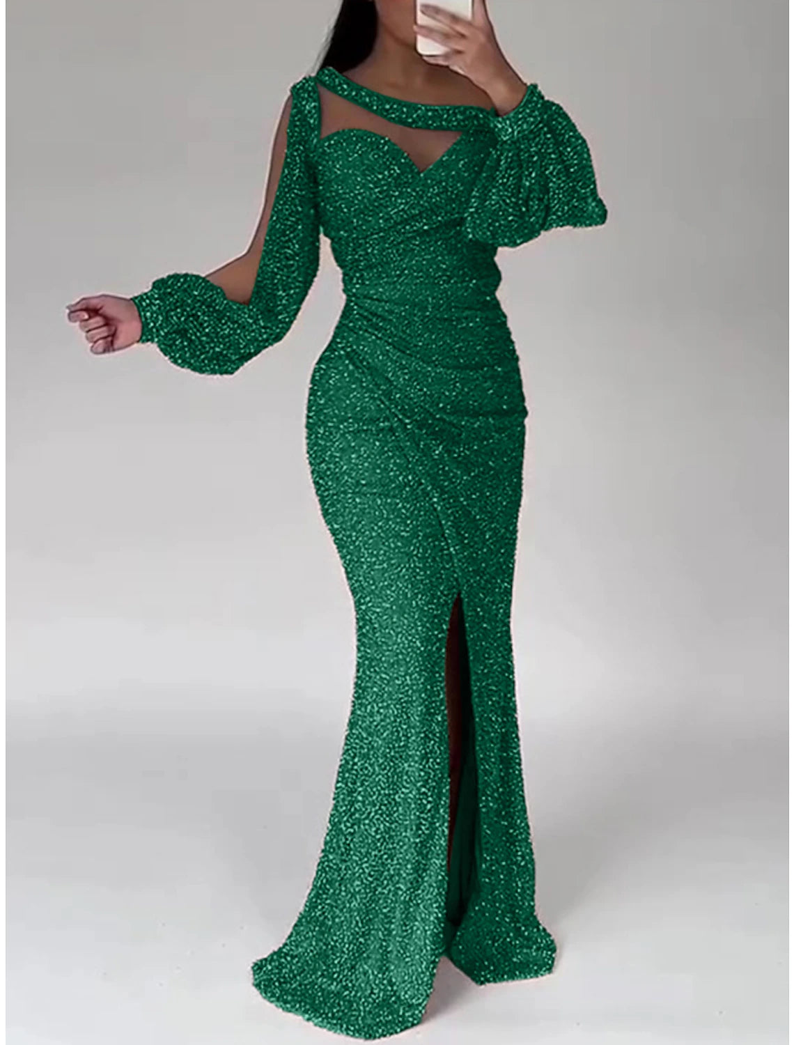 Mermaid Dress Evening Gown Christmas Red Green Dress Formal Sweep / Brush Train Long Sleeve Scoop Neck Sequined with Glitter Ruched Slit 2025